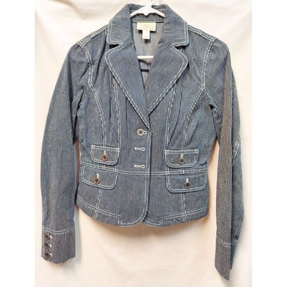 Ann Taylor Loft Striped Denim Jacket Blue White Button Pockets Size 0 - Picture 1 of 3